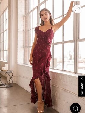 Lulus Forever Be Burgundy Floral Jacquard Ruffled Maxi Dress